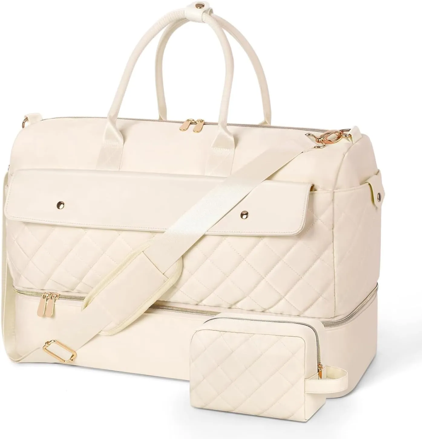 Weekender Bags for Women,45L Travel Duffel Bag with Shoe Compartment for Women,Carry on Overnight Bag with Waterproof Nylon Toiletry Makeup Bag.Gym Duffel Bag Travel Tote Bag for Travel(WHITE)