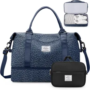 Weekender Bags for Women,Personal Item Travel Bag with Shoes Compartment,Overnight Travel Duffel Bag with Toiletry Bag, X-Denim Dark Blue, Large
