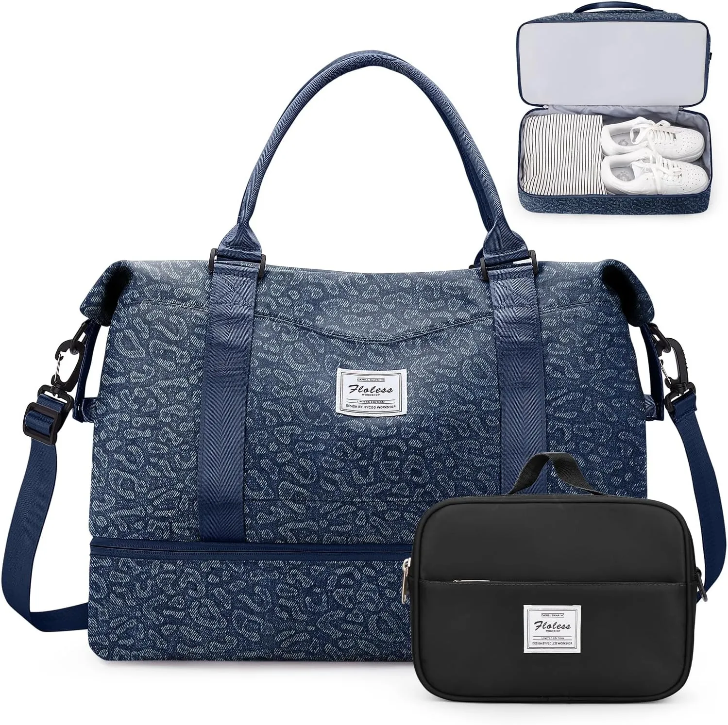 Weekender Bags for Women,Personal Item Travel Bag with Shoes Compartment,Overnight Travel Duffel Bag with Toiletry Bag, X-Denim Dark Blue, Large