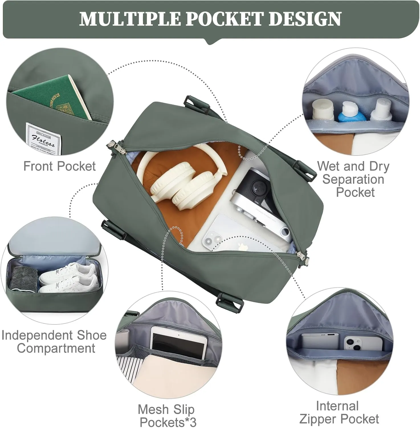 Weekender Bags for Women,Personal Item Travel Bag,Overnight Travel Duffel Bag with Expandable Shoes Compartment & Wet Pocket, B-Olive Green with Toiletry Bag