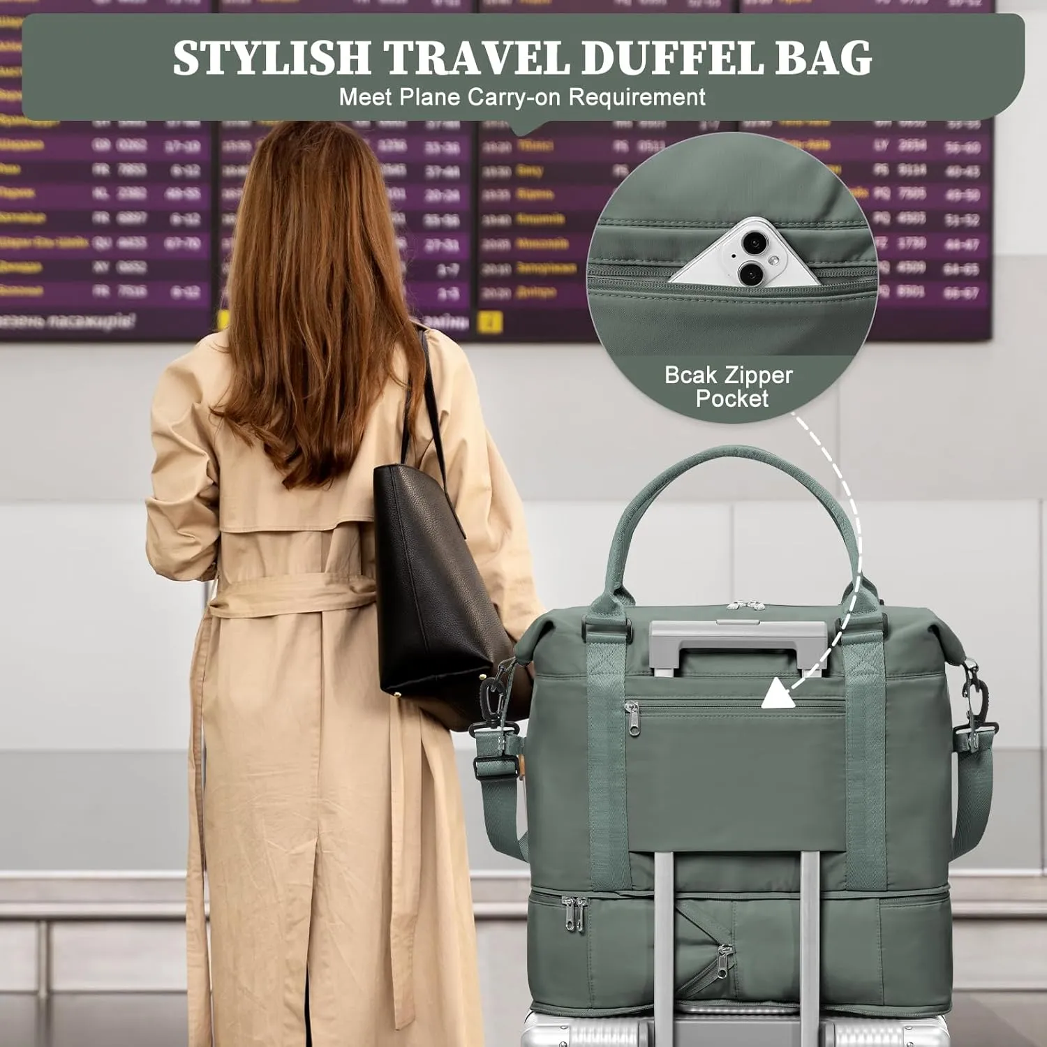Weekender Bags for Women,Personal Item Travel Bag,Overnight Travel Duffel Bag with Expandable Shoes Compartment & Wet Pocket, B-Olive Green with Toiletry Bag