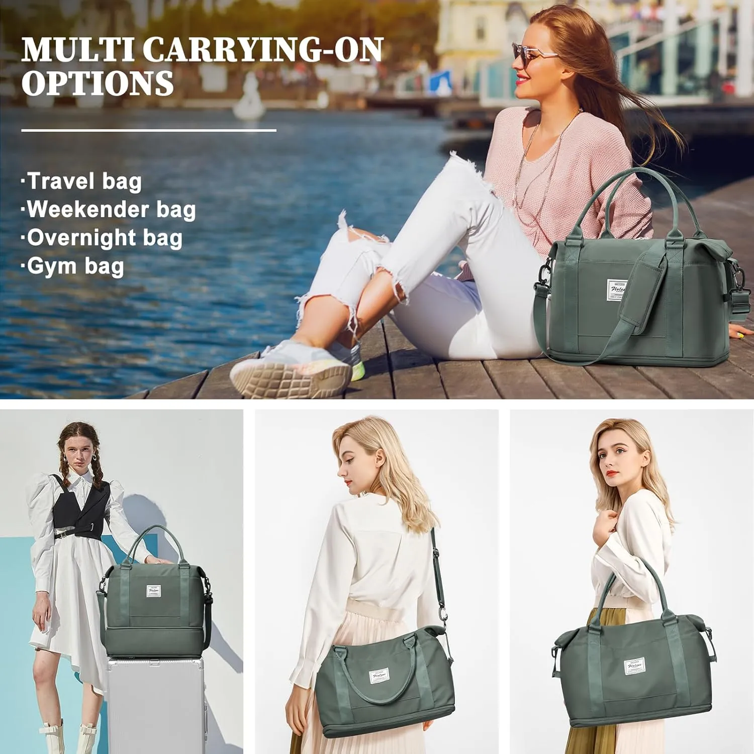 Weekender Bags for Women,Personal Item Travel Bag,Overnight Travel Duffel Bag with Expandable Shoes Compartment & Wet Pocket, B-Olive Green with Toiletry Bag