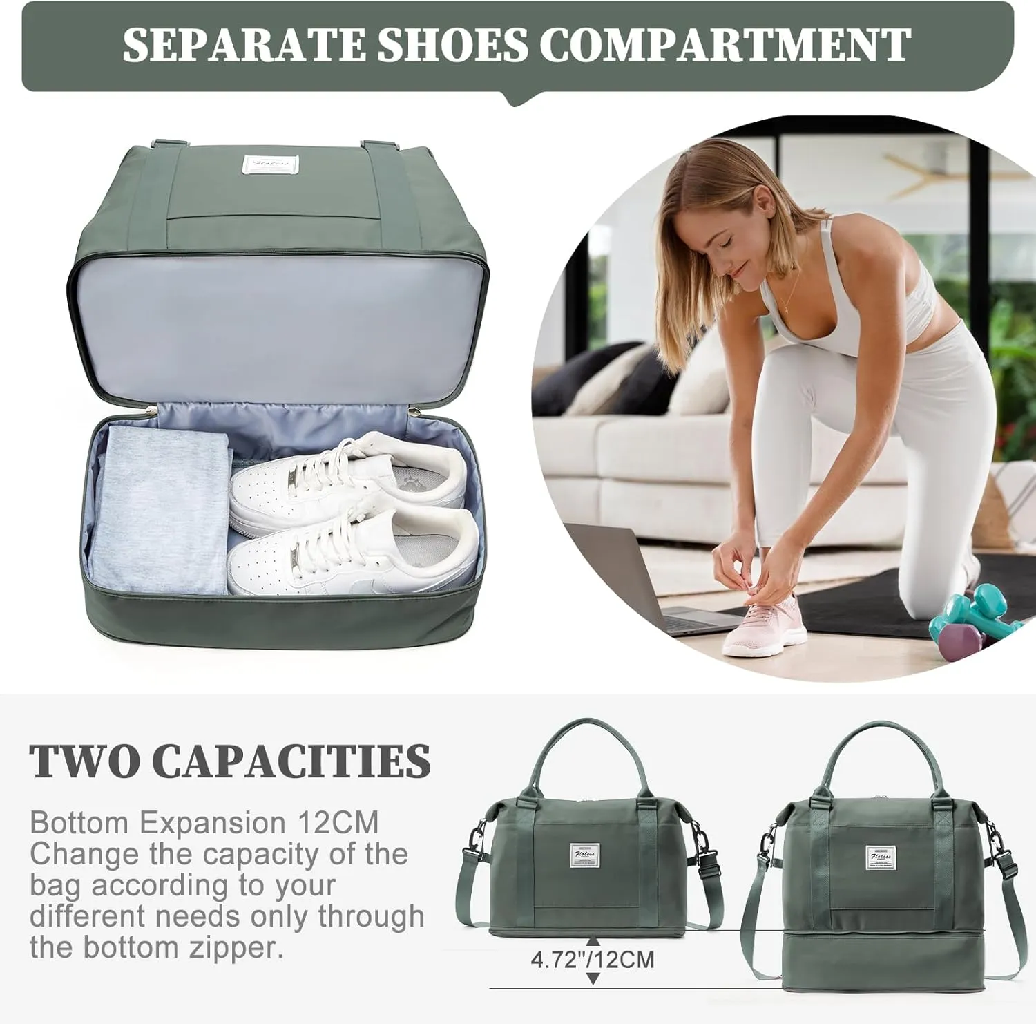 Weekender Bags for Women,Personal Item Travel Bag,Overnight Travel Duffel Bag with Expandable Shoes Compartment & Wet Pocket, B-Olive Green with Toiletry Bag