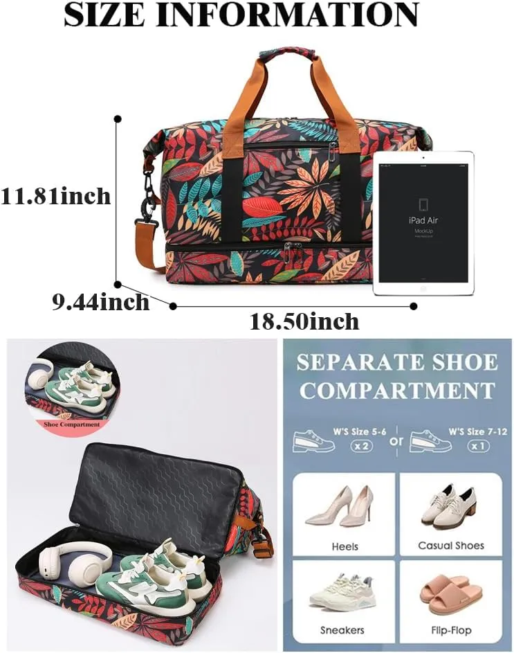Weekender Overnight Bag Bohemian Style Travel Duffel Bag for Women Carry On Tote with Shoe Compartment (Orange)