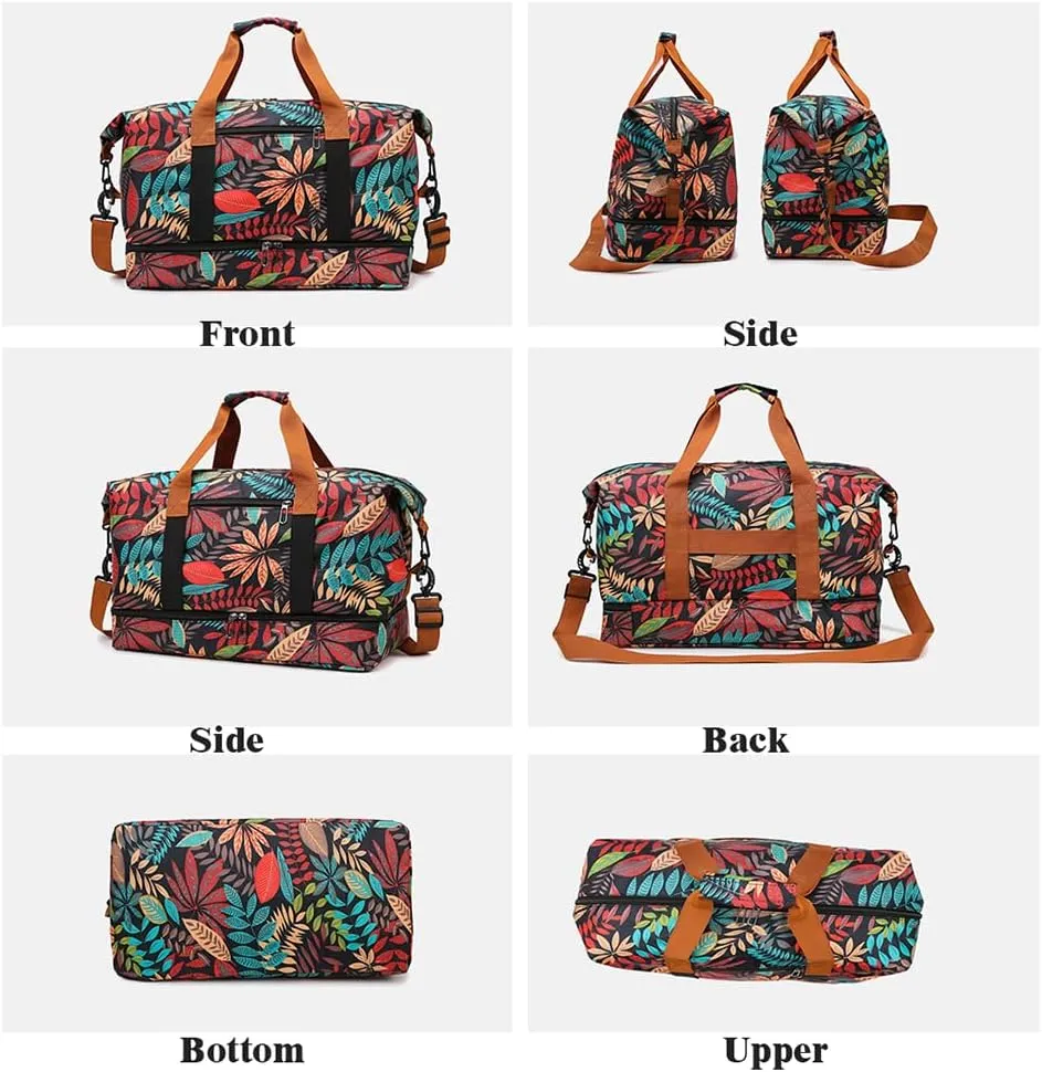 Weekender Overnight Bag Bohemian Style Travel Duffel Bag for Women Carry On Tote with Shoe Compartment (Red)