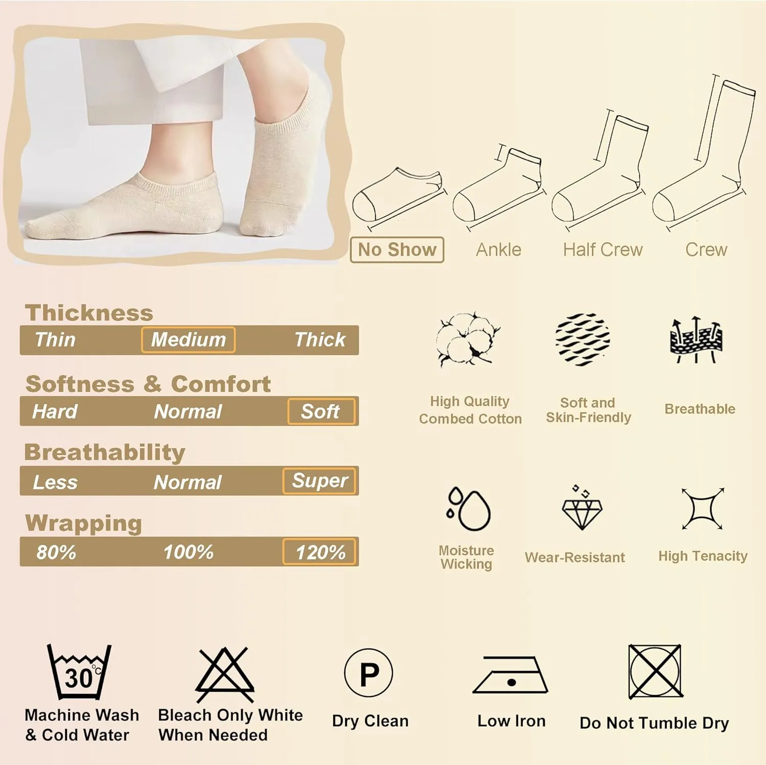 Womens Cotton Liner Socks Invisible Moisture Wicking Non Slip no show Socks for Women 8 Pairs