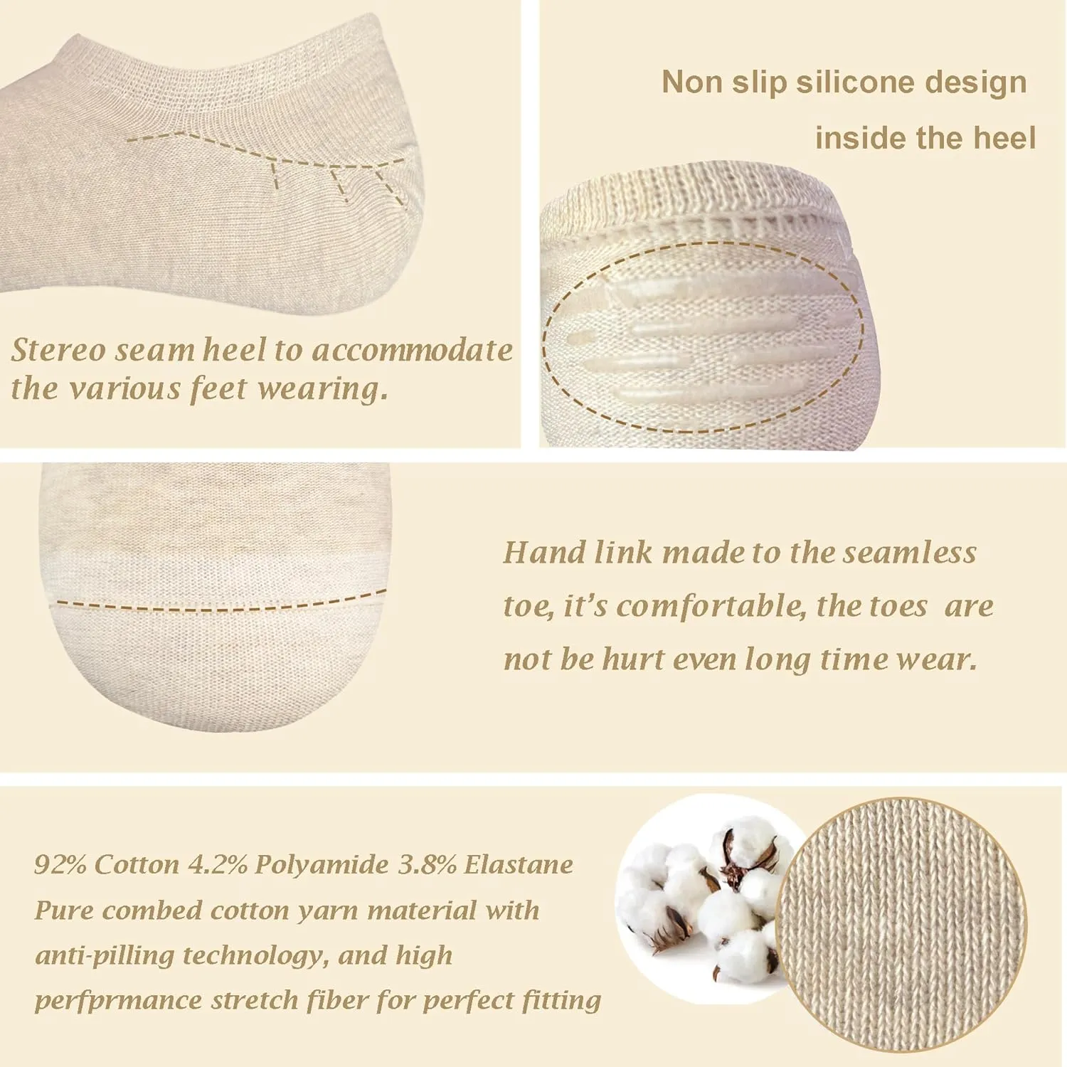 Womens Cotton Liner Socks Invisible Moisture Wicking Non Slip no show Socks for Women 8 Pairs