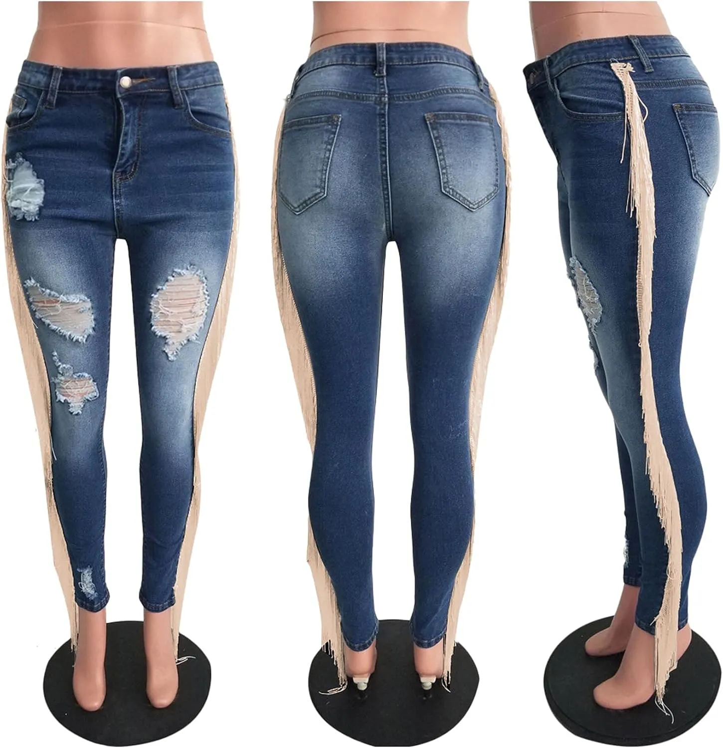 Womens High Waist Skinny Stretch Destroyed Ripped Pencil Jeans Tassels Denim Pants