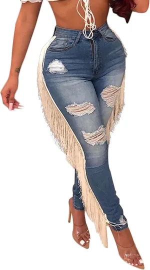 Womens High Waist Skinny Stretch Destroyed Ripped Pencil Jeans Tassels Denim Pants