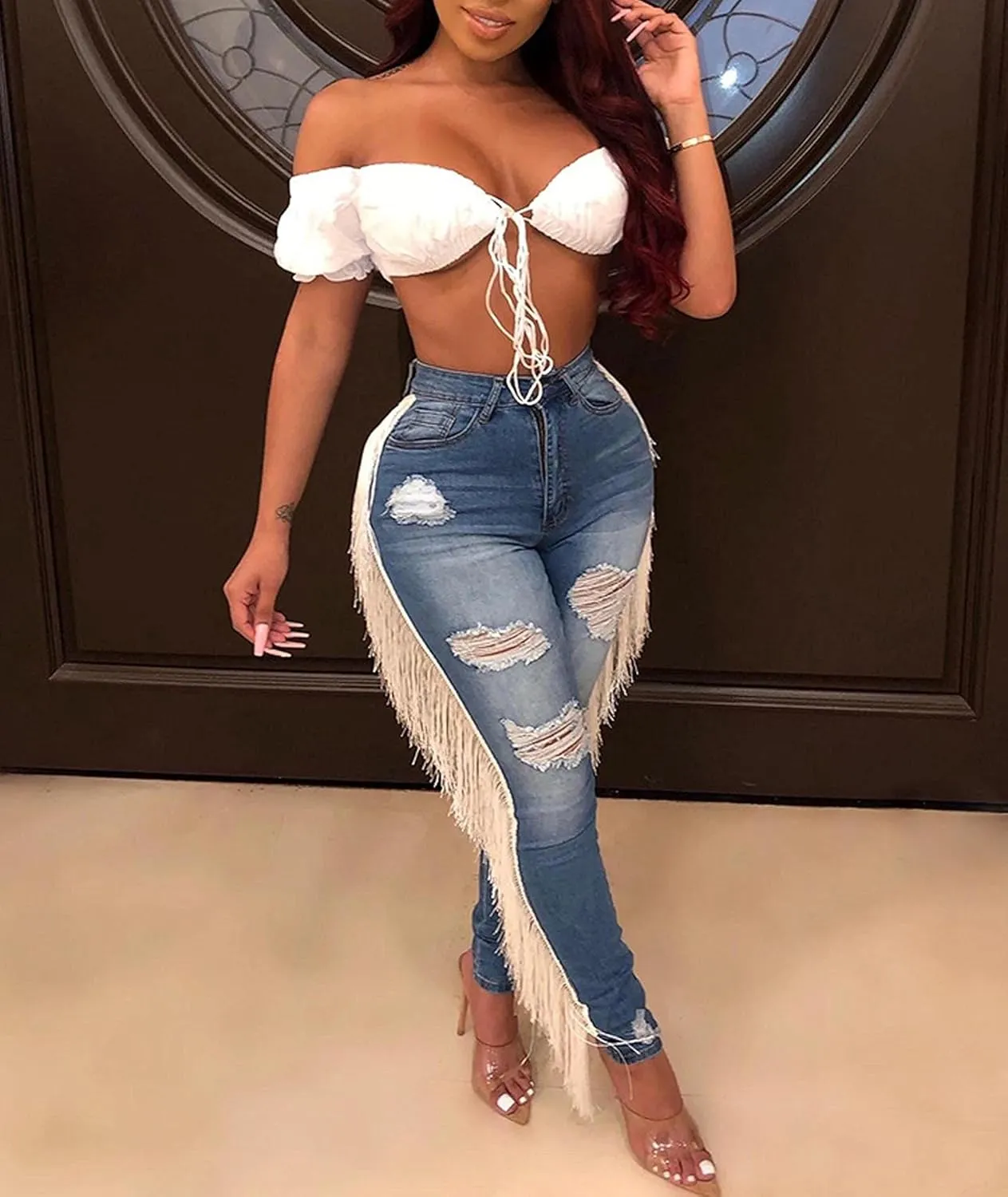 Womens High Waist Skinny Stretch Destroyed Ripped Pencil Jeans Tassels Denim Pants