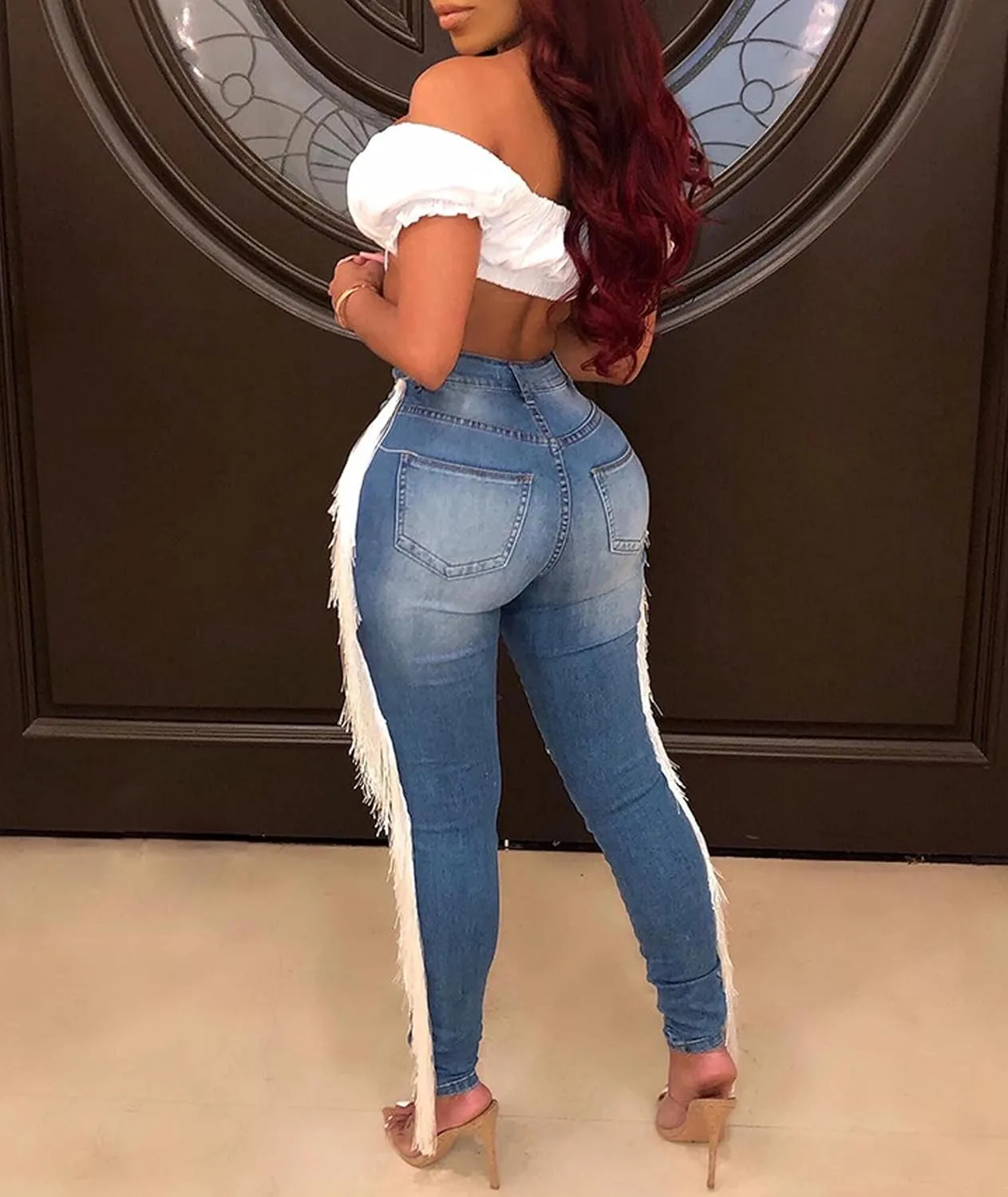 Womens High Waist Skinny Stretch Destroyed Ripped Pencil Jeans Tassels Denim Pants
