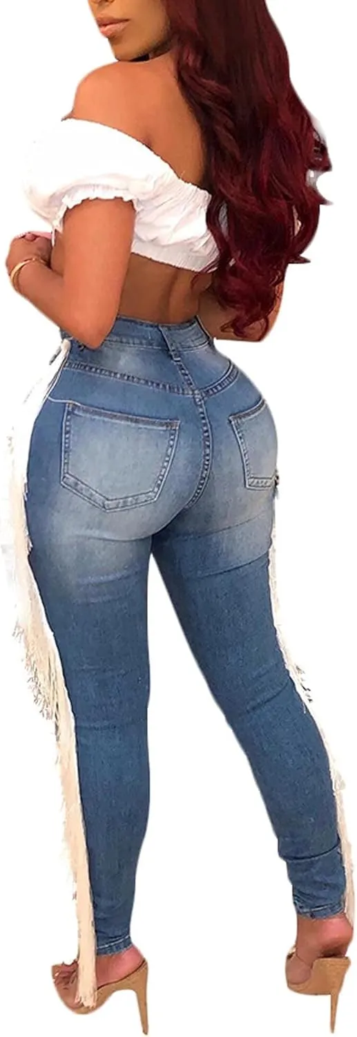 Womens High Waist Skinny Stretch Destroyed Ripped Pencil Jeans Tassels Denim Pants
