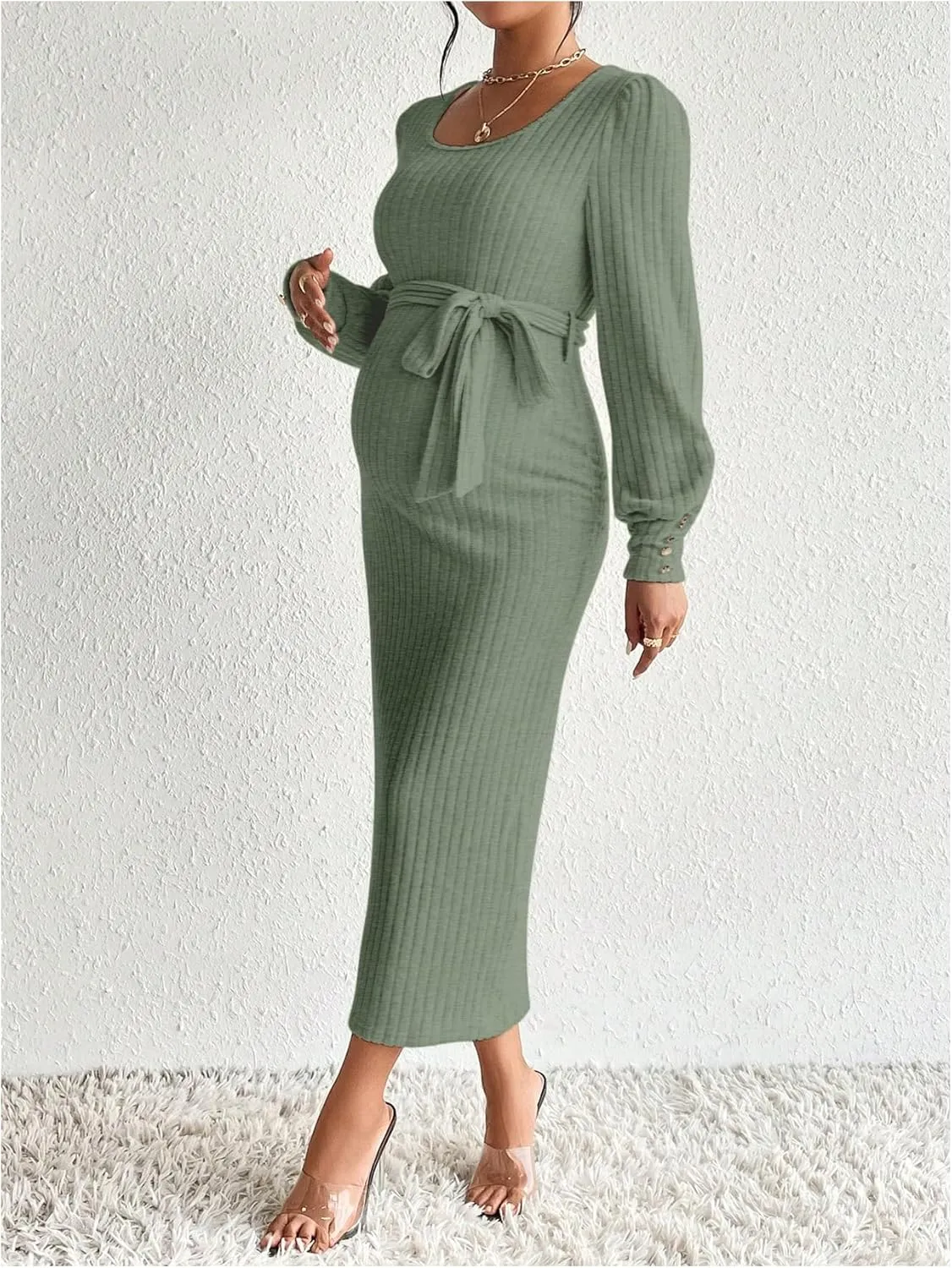 Women's Maternity Dress Scoop Neck Long Sleeve Belted Bodycon Midi Dress