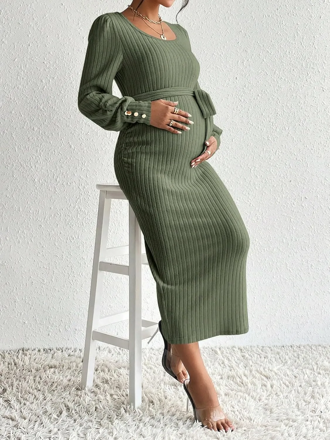Women's Maternity Dress Scoop Neck Long Sleeve Belted Bodycon Midi Dress