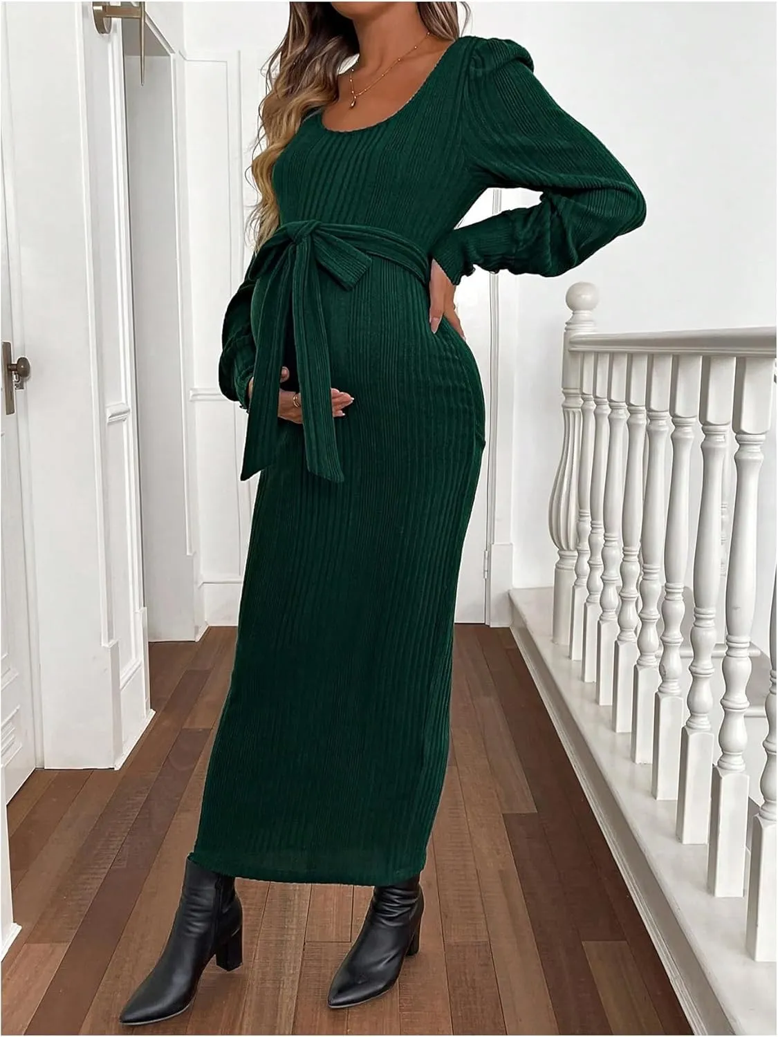 Women's Maternity Dress Scoop Neck Long Sleeve Belted Bodycon Midi Dress