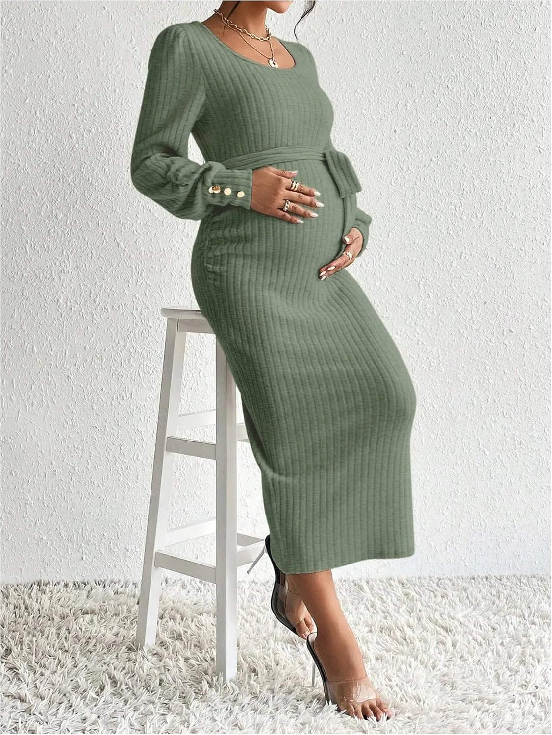 Women's Maternity Dress Scoop Neck Long Sleeve Belted Bodycon Midi Dress