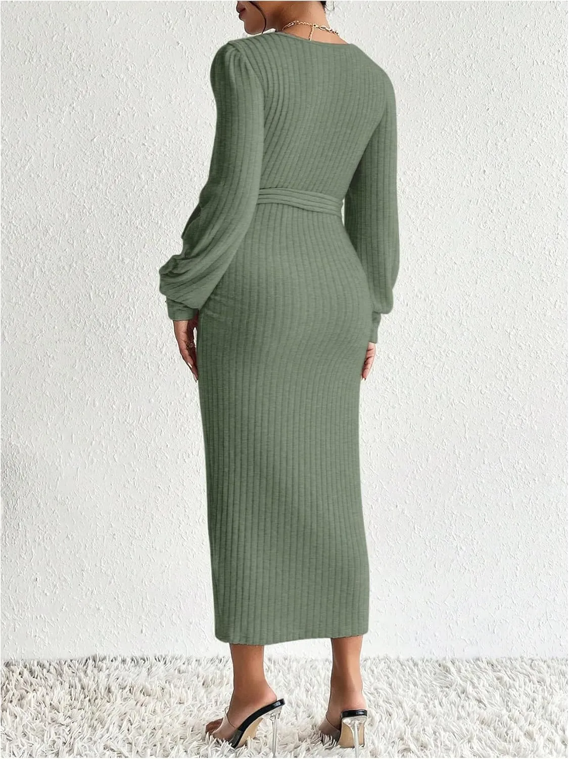 Women's Maternity Dress Scoop Neck Long Sleeve Belted Bodycon Midi Dress