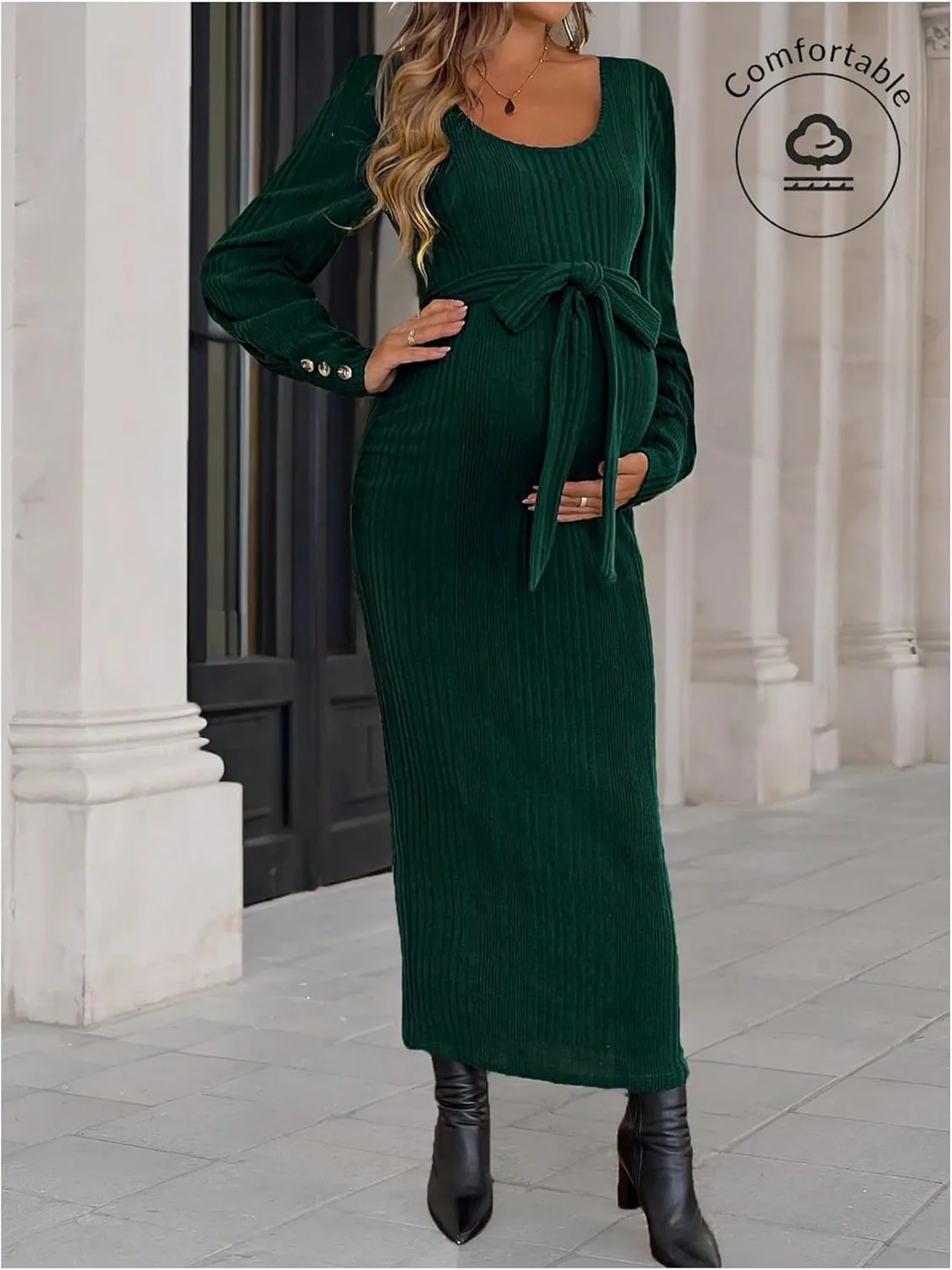 Women's Maternity Dress Scoop Neck Long Sleeve Belted Bodycon Midi Dress