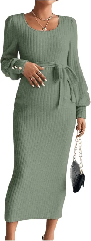 Women's Maternity Dress Scoop Neck Long Sleeve Belted Bodycon Midi Dress