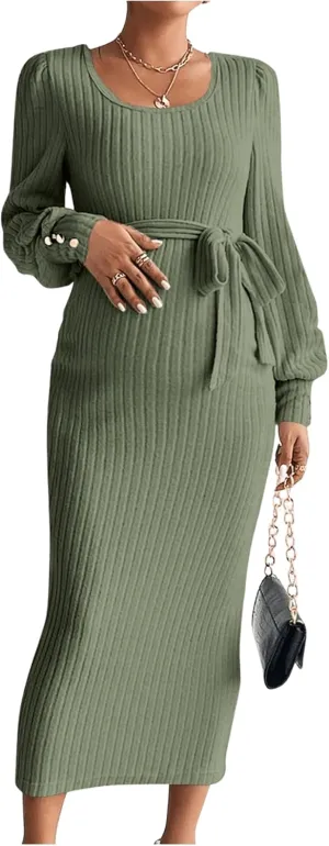 Women's Maternity Dress Scoop Neck Long Sleeve Belted Bodycon Midi Dress