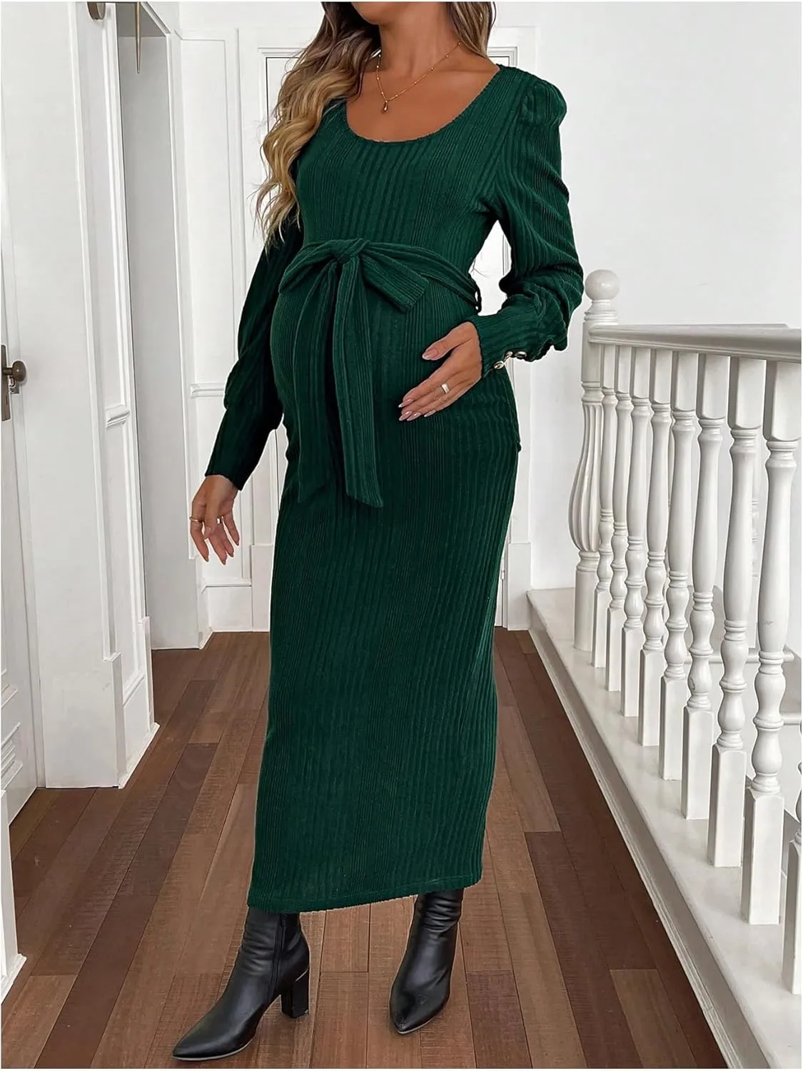 Women's Maternity Dress Scoop Neck Long Sleeve Belted Bodycon Midi Dress