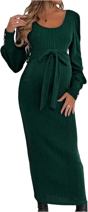 Women's Maternity Dress Scoop Neck Long Sleeve Belted Bodycon Midi Dress