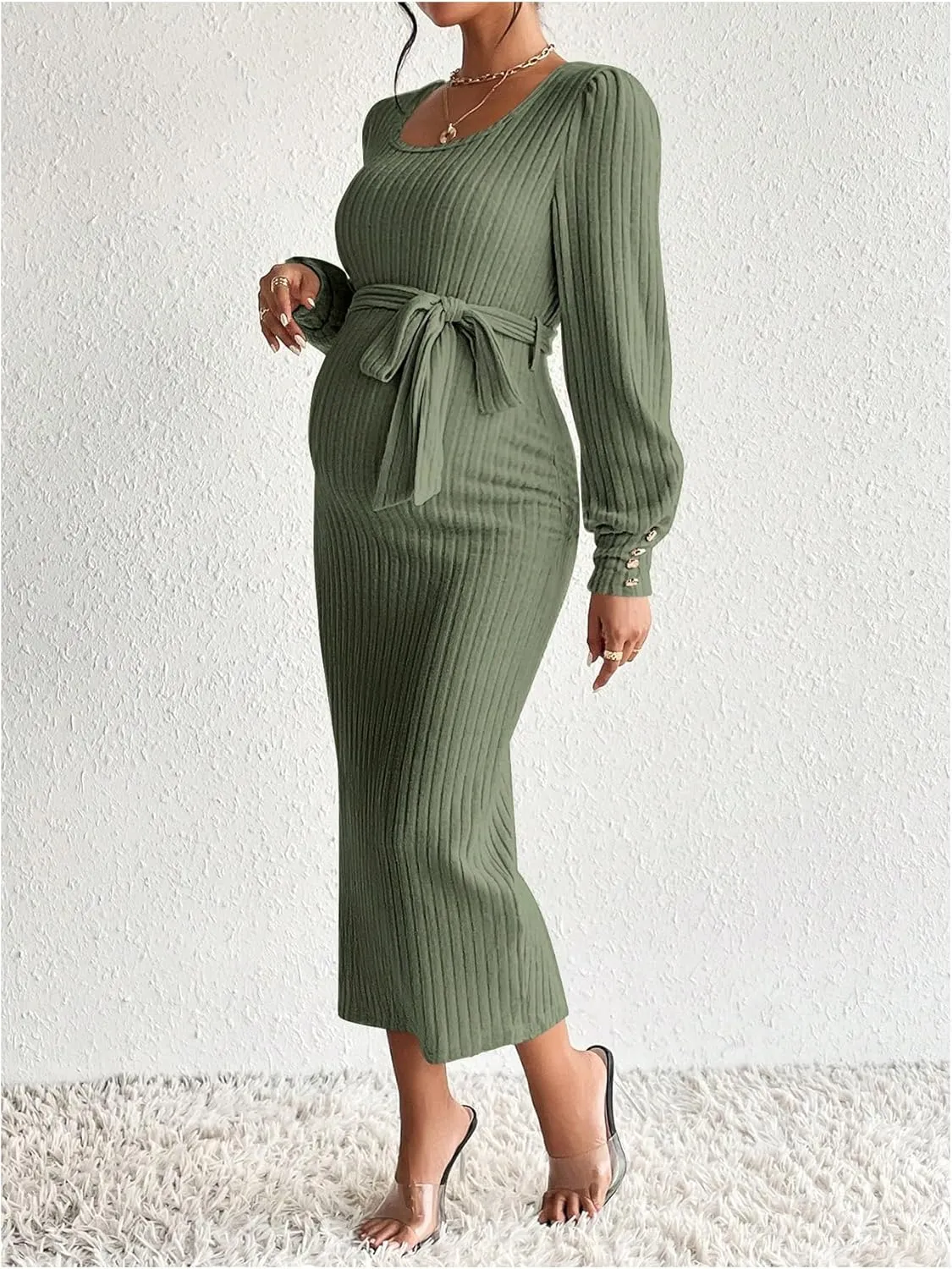 Women's Maternity Dress Scoop Neck Long Sleeve Belted Bodycon Midi Dress