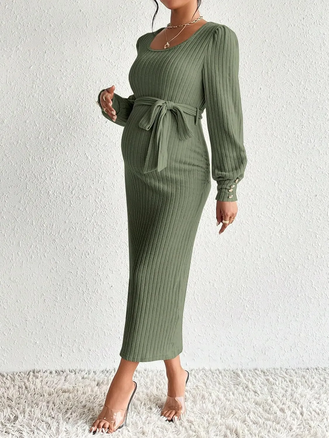 Women's Maternity Dress Scoop Neck Long Sleeve Belted Bodycon Midi Dress