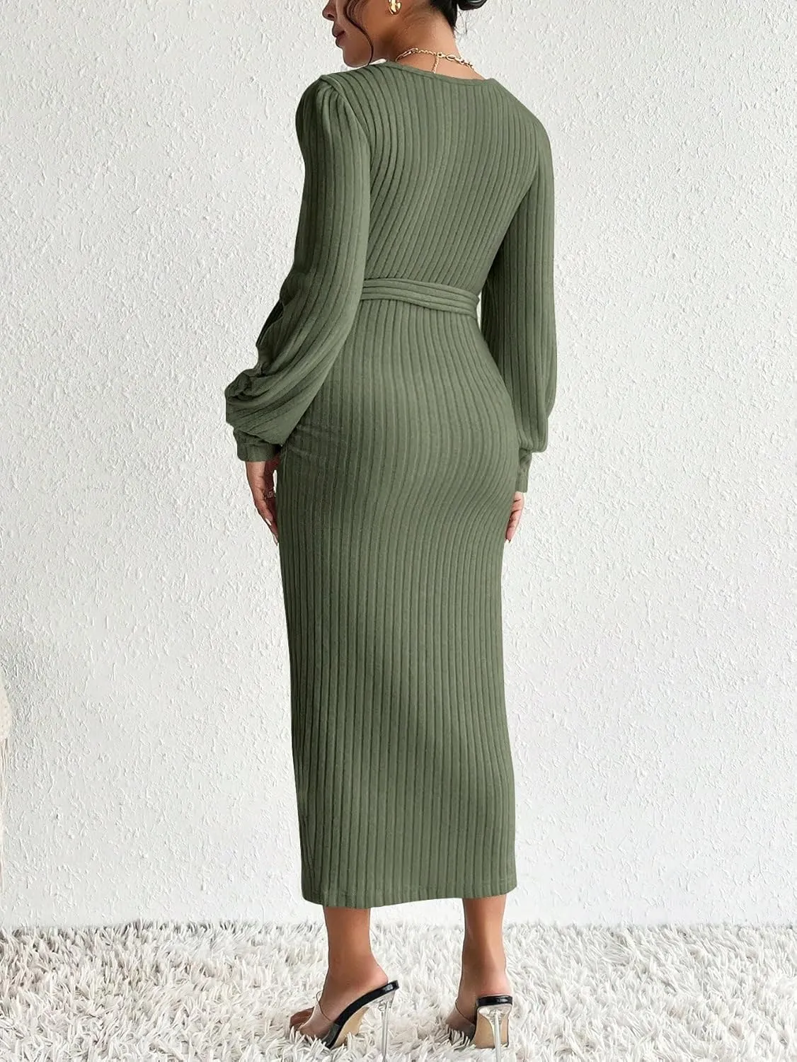 Women's Maternity Dress Scoop Neck Long Sleeve Belted Bodycon Midi Dress