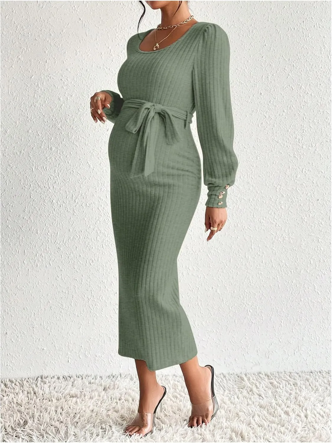 Women's Maternity Dress Scoop Neck Long Sleeve Belted Bodycon Midi Dress