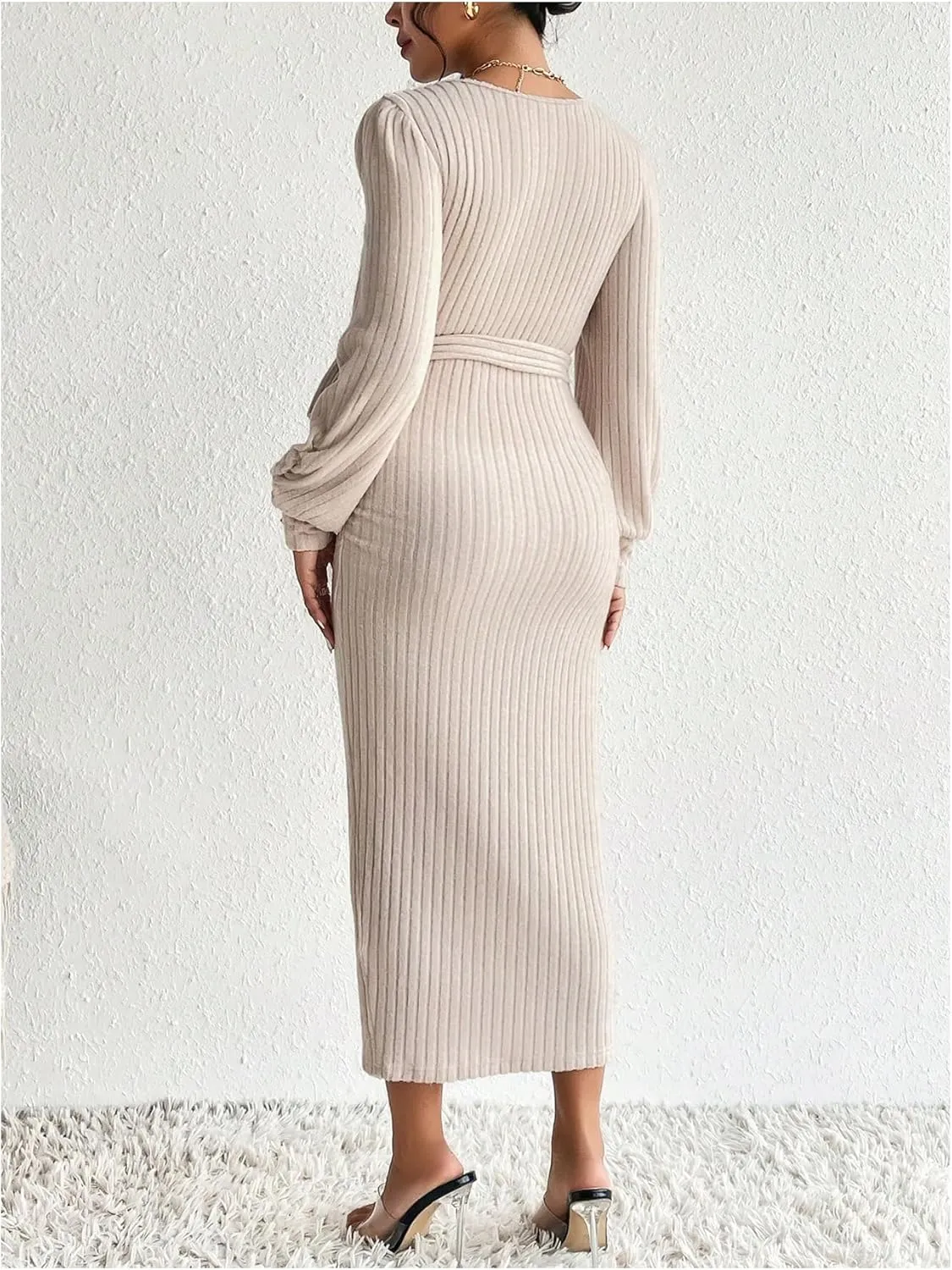 Women's Maternity Dress Scoop Neck Long Sleeve Belted Bodycon Midi Dress