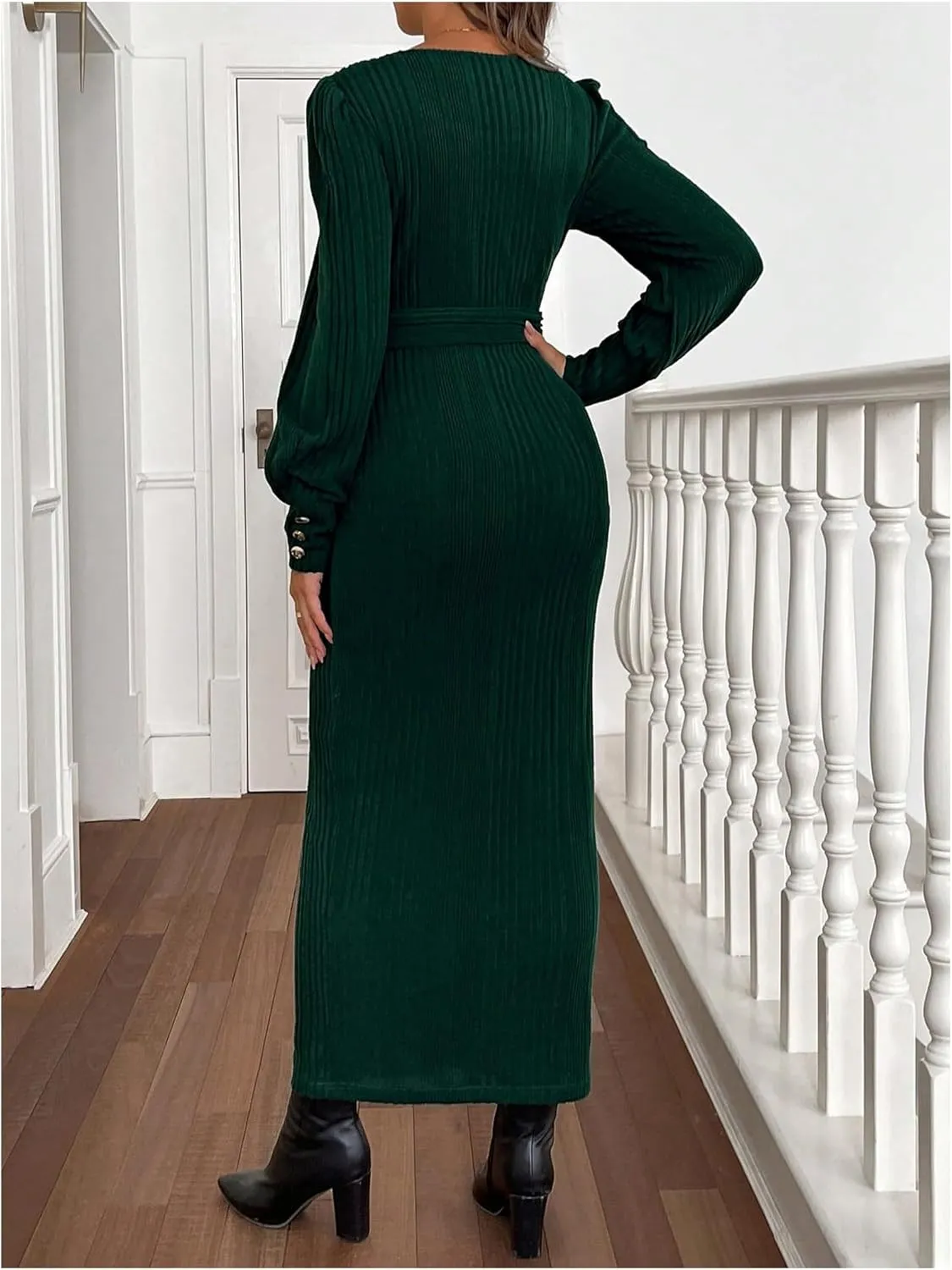 Women's Maternity Dress Scoop Neck Long Sleeve Belted Bodycon Midi Dress
