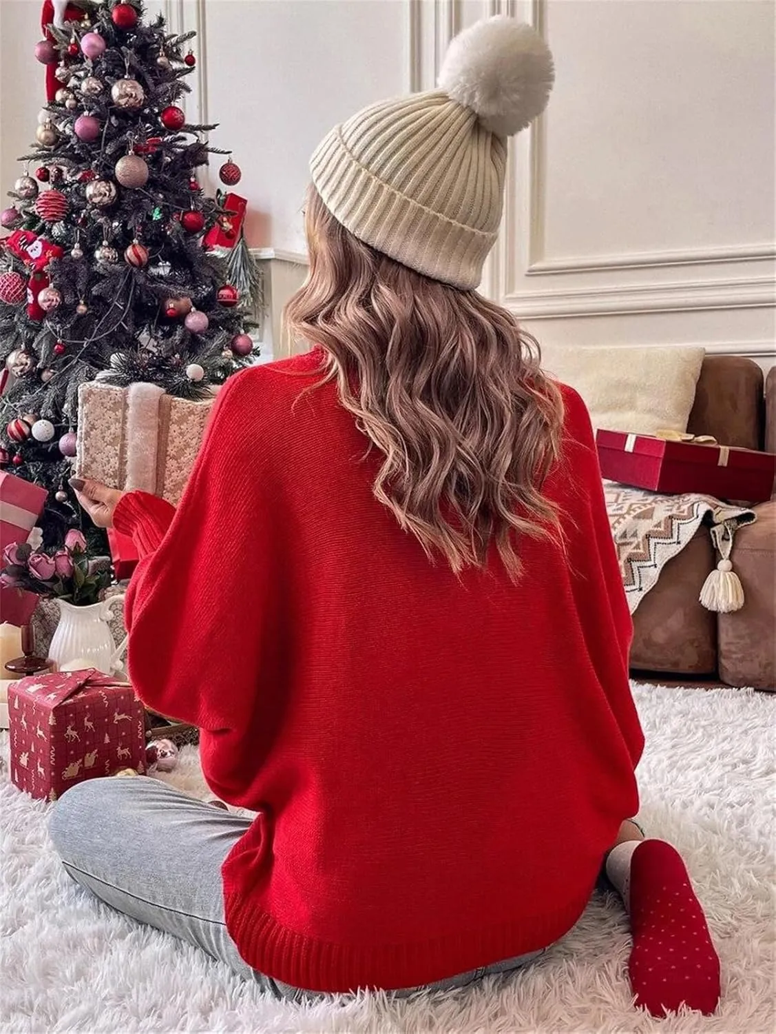 Womens Oversized Sweaters Turtleneck Batwing Long Sleeve Pullover Loose Chunky Knit Jumper Holiday Christmas