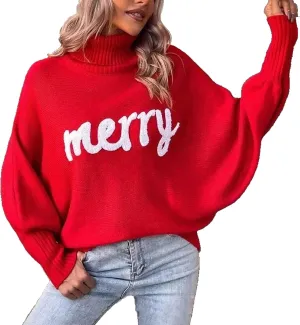 Womens Oversized Sweaters Turtleneck Batwing Long Sleeve Pullover Loose Chunky Knit Jumper Holiday Christmas