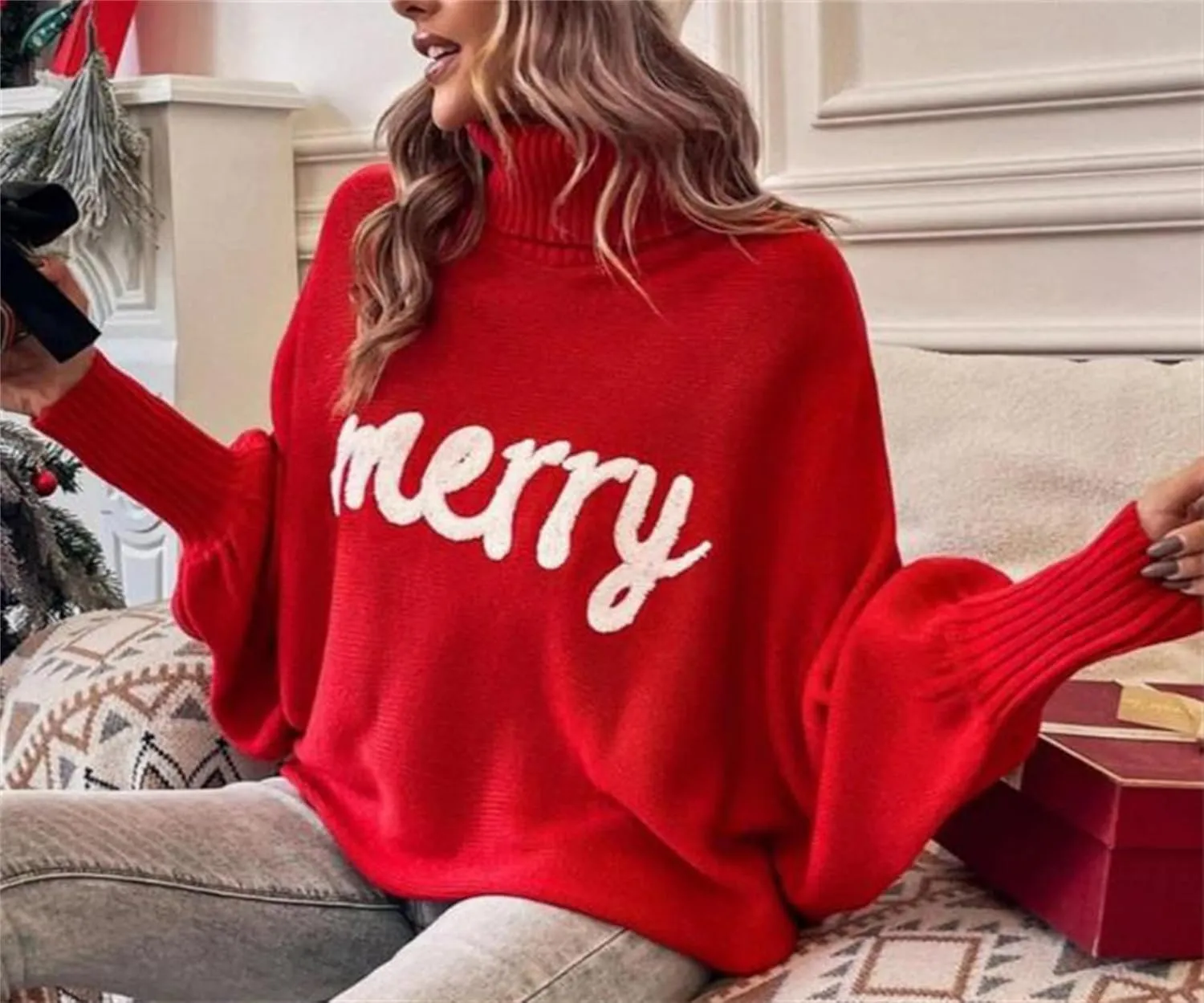 Womens Oversized Sweaters Turtleneck Batwing Long Sleeve Pullover Loose Chunky Knit Jumper Holiday Christmas