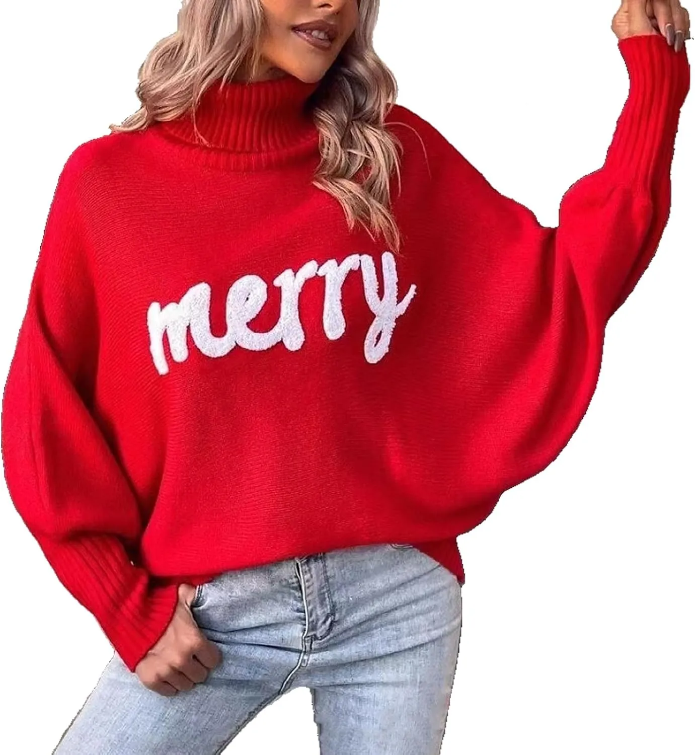 Womens Oversized Sweaters Turtleneck Batwing Long Sleeve Pullover Loose Chunky Knit Jumper Holiday Christmas