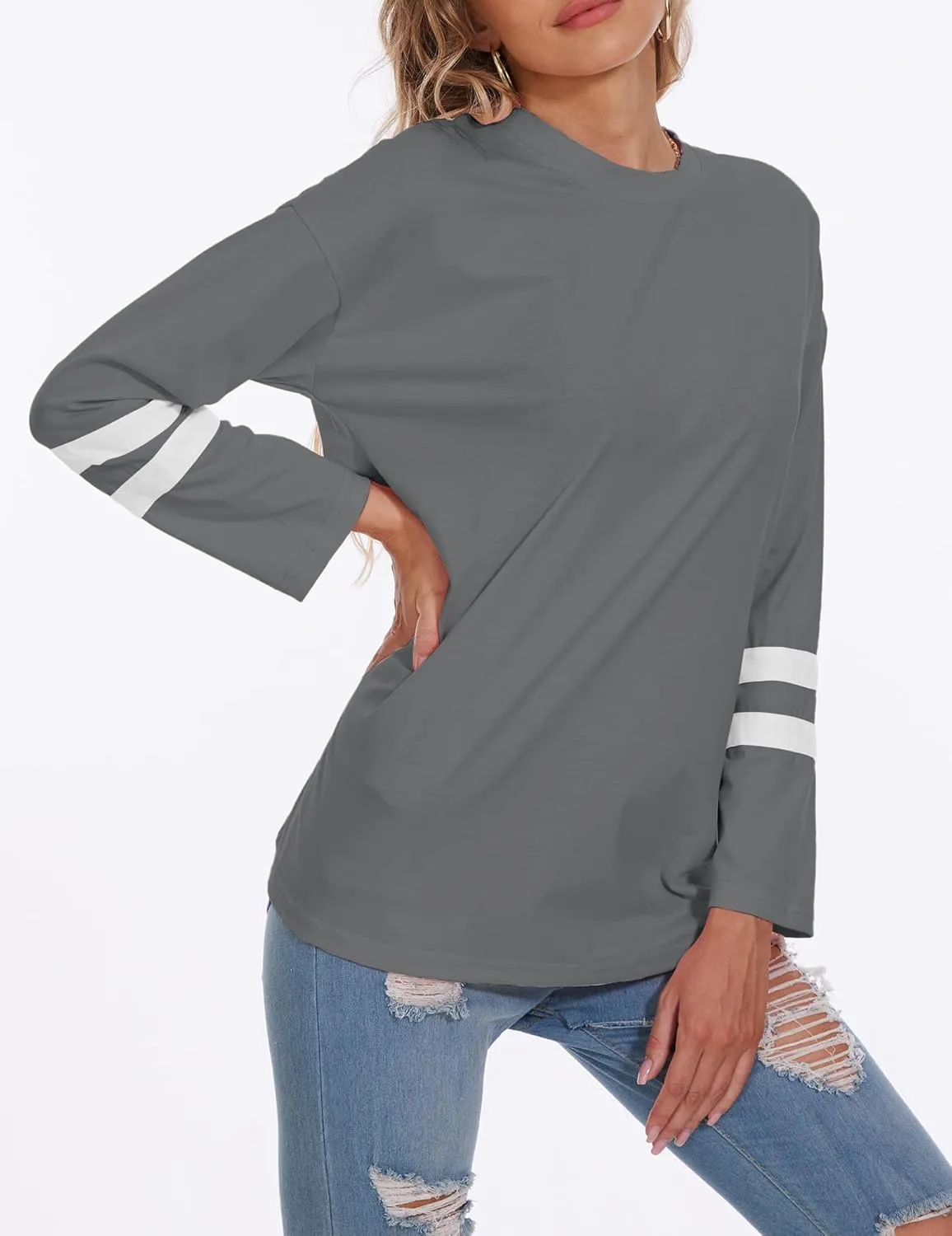 Womens Tunic Top Oversized Crew Neck T Shirts Loose Long Sleeve Comfy Cozy Cotton Lounge Blouses