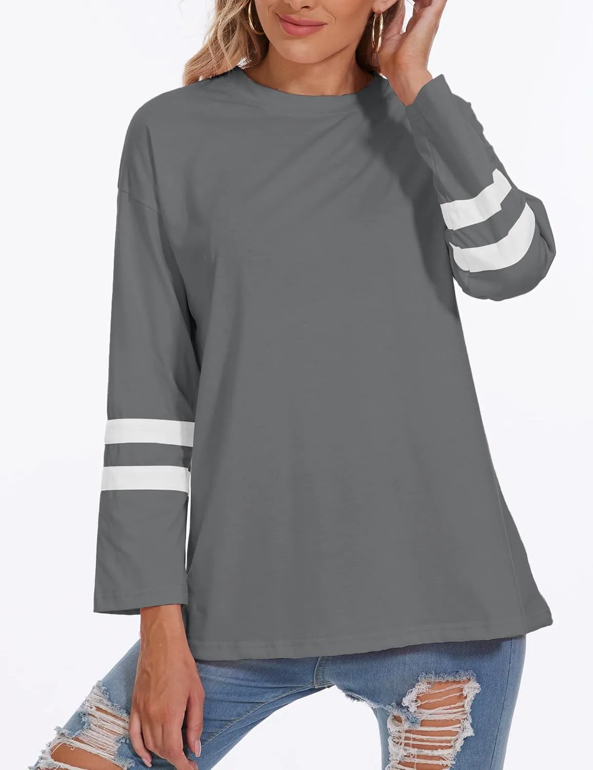 Womens Tunic Top Oversized Crew Neck T Shirts Loose Long Sleeve Comfy Cozy Cotton Lounge Blouses