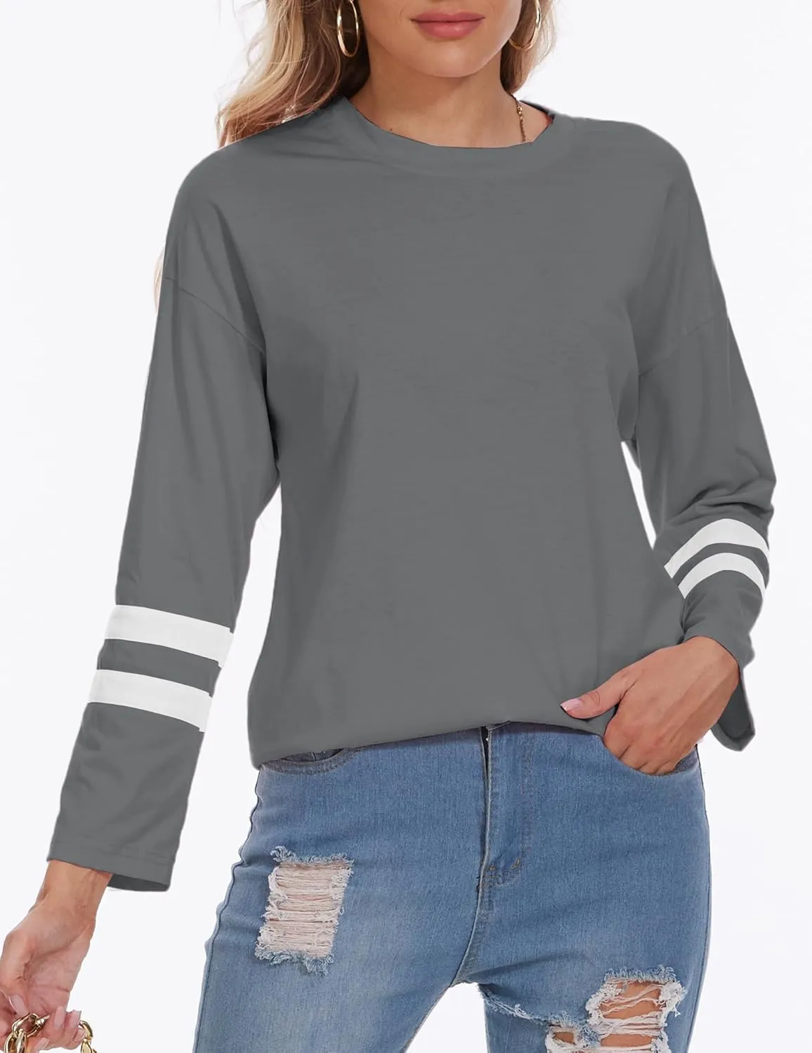 Womens Tunic Top Oversized Crew Neck T Shirts Loose Long Sleeve Comfy Cozy Cotton Lounge Blouses