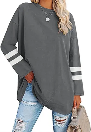 Womens Tunic Top Oversized Crew Neck T Shirts Loose Long Sleeve Comfy Cozy Cotton Lounge Blouses