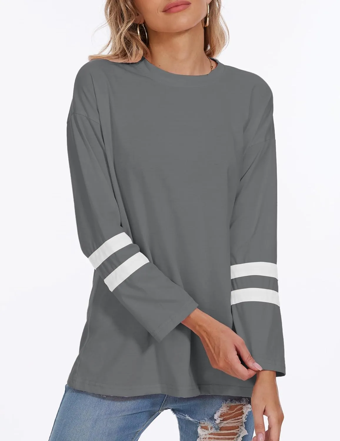 Womens Tunic Top Oversized Crew Neck T Shirts Loose Long Sleeve Comfy Cozy Cotton Lounge Blouses