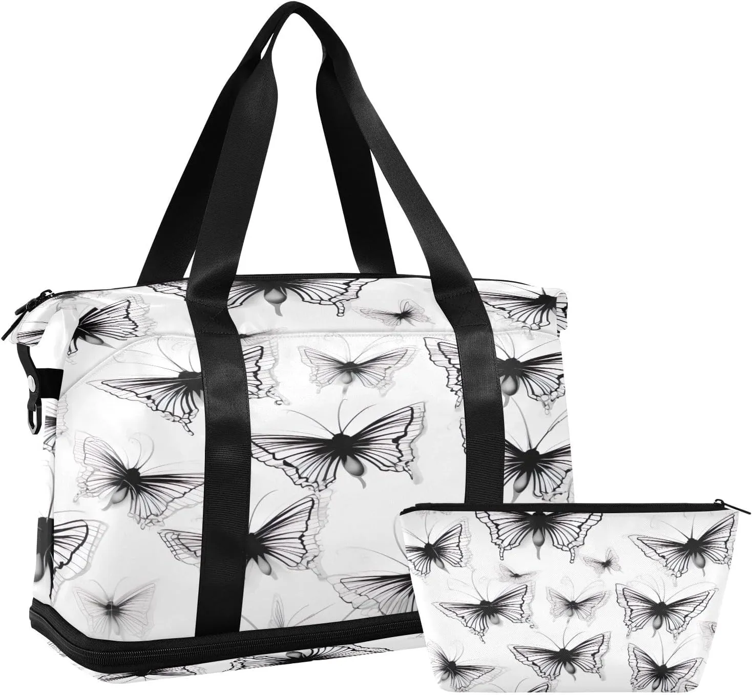 xigua Gym Bag Black White Butterflies Travel Duffel Bag - Sports Gym Bag with Dry Wet Pocket Cosmetic bag & Shoes Compartment for Women and Men