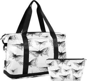 xigua Gym Bag Black White Butterflies Travel Duffel Bag - Sports Gym Bag with Dry Wet Pocket Cosmetic bag & Shoes Compartment for Women and Men