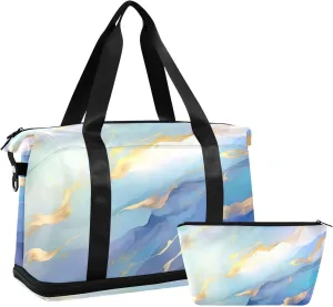xigua Gym Bag Blue Gold Marble Travel Duffel Bag - Sports Gym Bag with Dry Wet Pocket Cosmetic bag & Shoes Compartment for Women and Men