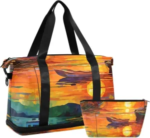 xigua Gym Bag Sunset Oil Painting Travel Duffel Bag - Sports Gym Bag with Dry Wet Pocket Cosmetic bag & Shoes Compartment for Women and Men