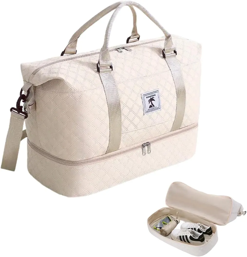 XINGOHQ Travel Duffle Bag with Shoe Compartment, Large Weekender Tote for Women,Carry on Overnight Bag,Gym Duffel Bag with Wet Pocket, Hospital Bags for Labor and Delivery, beige, Large Travel Duffle