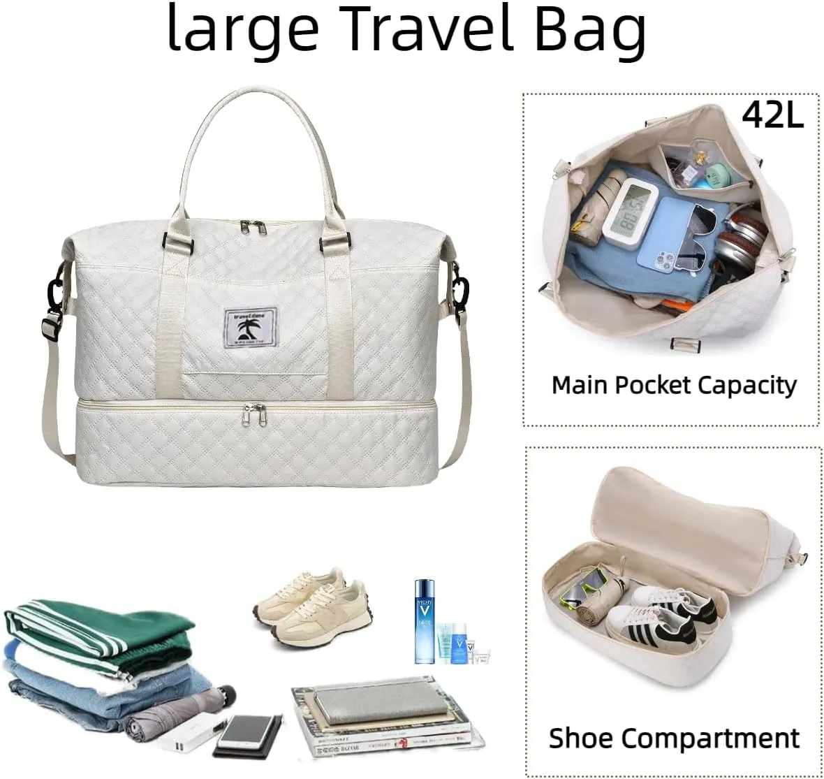 XINGOHQ Travel Duffle Bag with Shoe Compartment, Large Weekender Tote for Women,Carry on Overnight Bag,Gym Duffel Bag with Wet Pocket, Hospital Bags for Labor and Delivery, beige, Large Travel Duffle