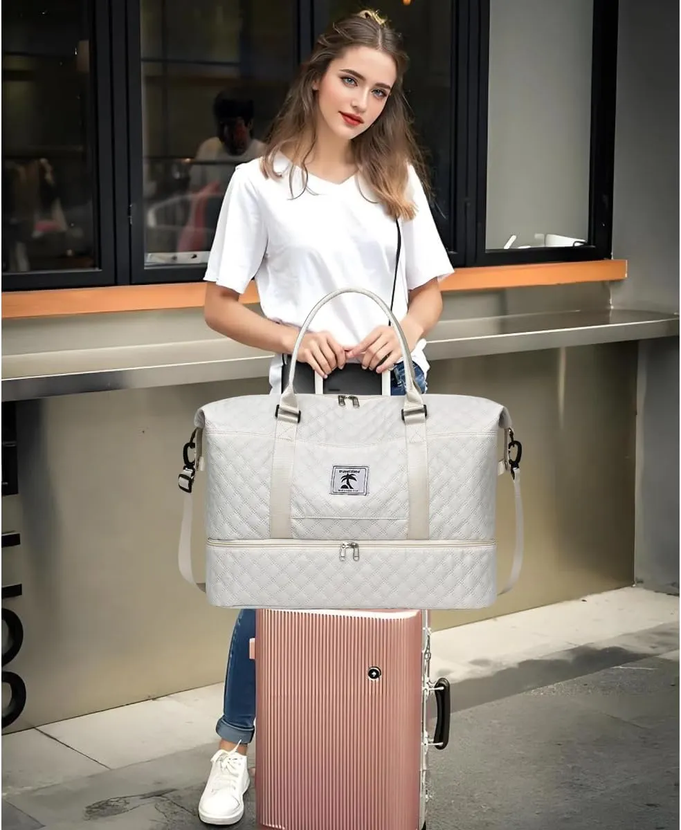 XINGOHQ Travel Duffle Bag with Shoe Compartment, Large Weekender Tote for Women,Carry on Overnight Bag,Gym Duffel Bag with Wet Pocket, Hospital Bags for Labor and Delivery, beige, Large Travel Duffle