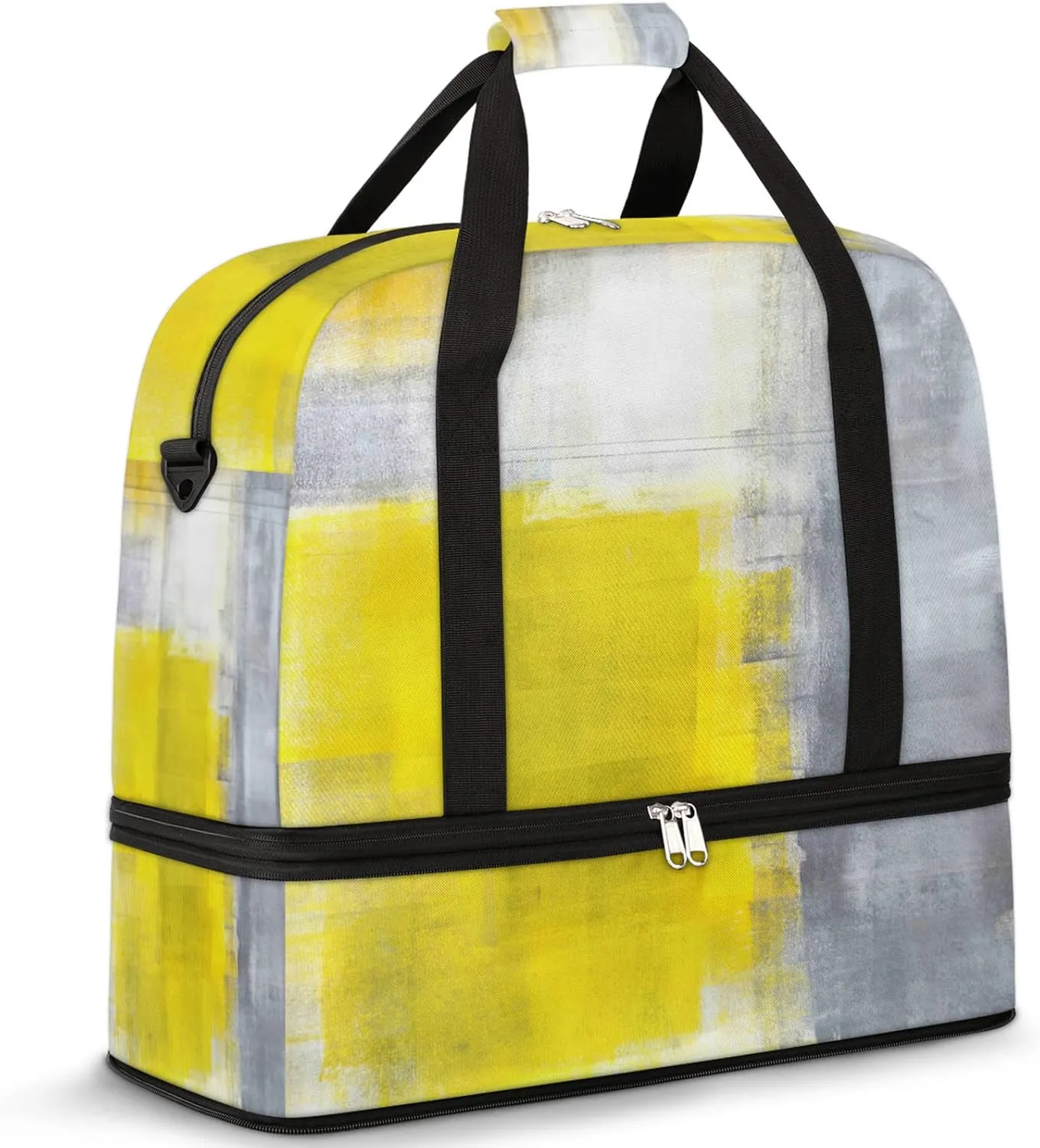 Yellow Gray Oil Art Painting Foldable Travel Duffel Bag Tote Carry on Luggage Sport Duffle for Women Men Gym Bag Overnight Weekender Bags with Shoe Compartments & Shoulder Strap