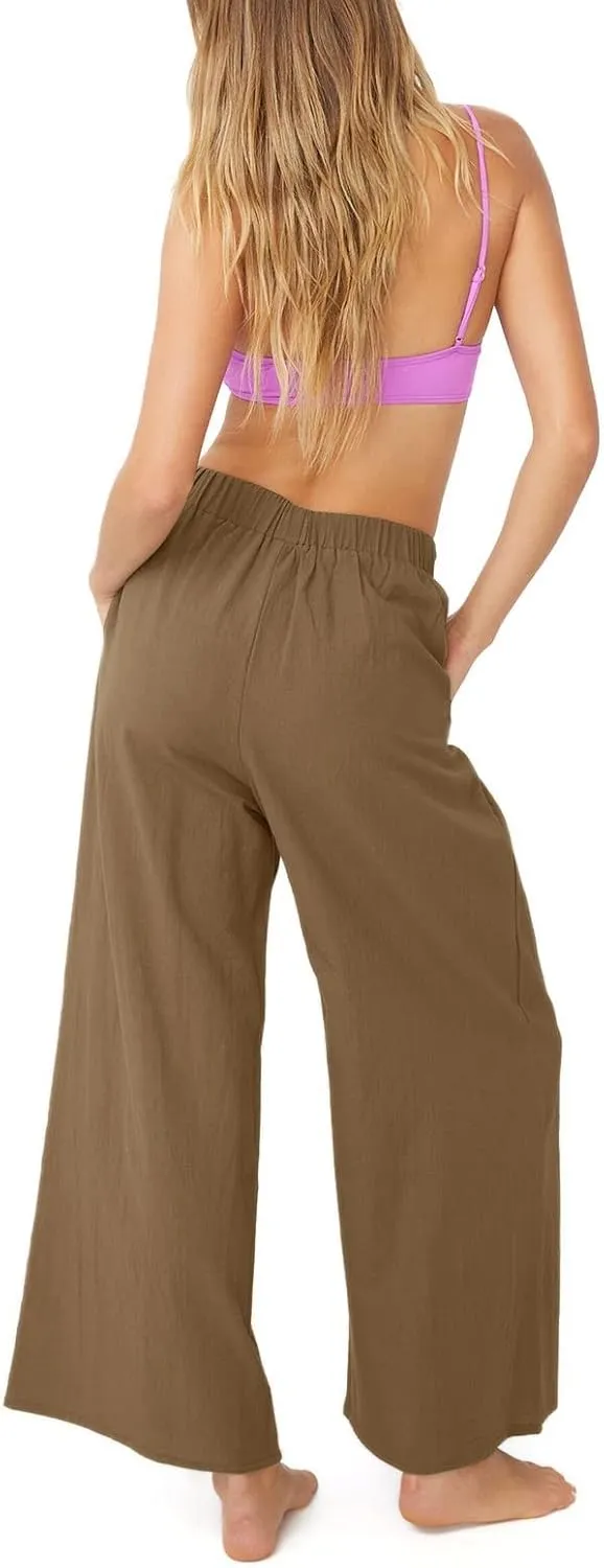 yoeasy Women Wide Leg Linen Elastic Waist Pants Casual Loose Palazzo Beach Trousers